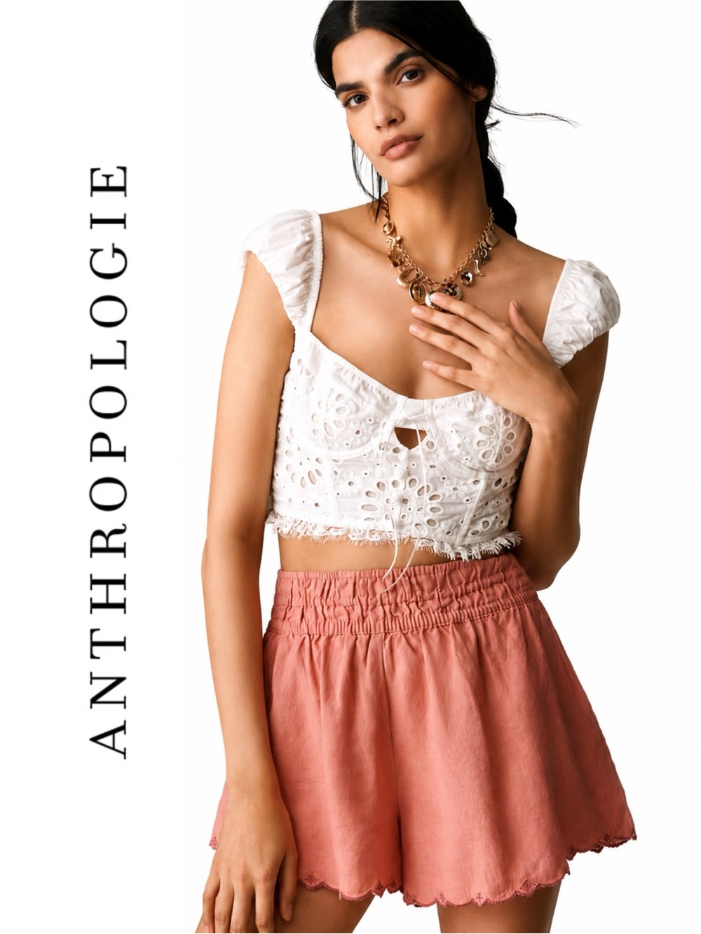 Anthropologie Puff-Sleeve Eyelet Corset Top